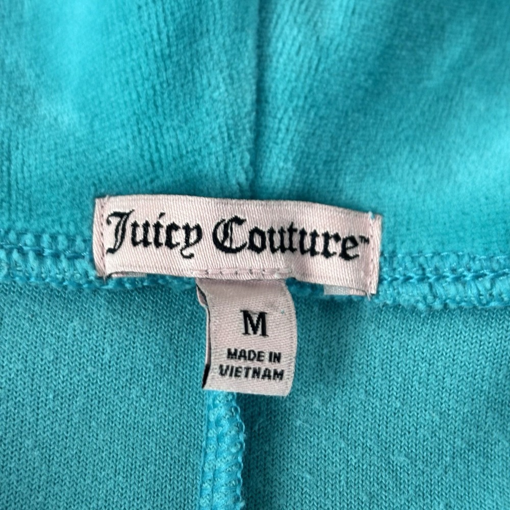 Juicy Couture Teal Velour Zip Up Hoodie Jacket Women's Medium Rhinestone Logo - Picture 7 of 12